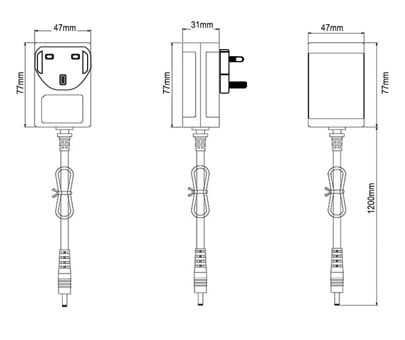 36W UK plug AC DC adapter dimension drawing